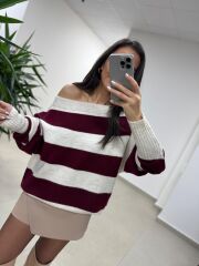 Mz 22846 Bordo Kayık Yaka Çizgili Triko