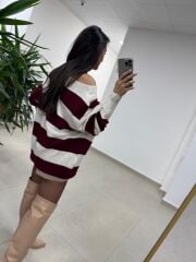 Mz 22846 Bordo Kayık Yaka Çizgili Triko