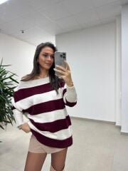 Mz 22846 Bordo Kayık Yaka Çizgili Triko