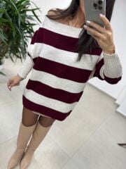 Mz 22846 Bordo Kayık Yaka Çizgili Triko