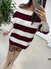 Mz 22846 Bordo Kayık Yaka Çizgili Triko