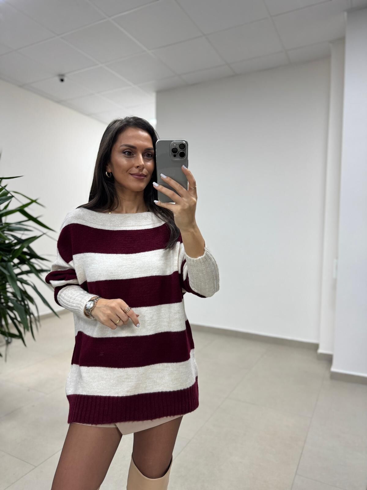 Mz 22846 Bordo Kayık Yaka Çizgili Triko