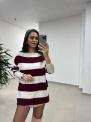 Mz 22846 Bordo Kayık Yaka Çizgili Triko