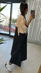 Dr Tasarım Siyah Bej Poplin Elbise