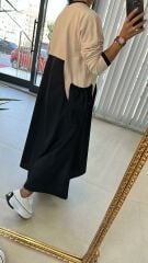 Dr Tasarım Siyah Bej Poplin Elbise