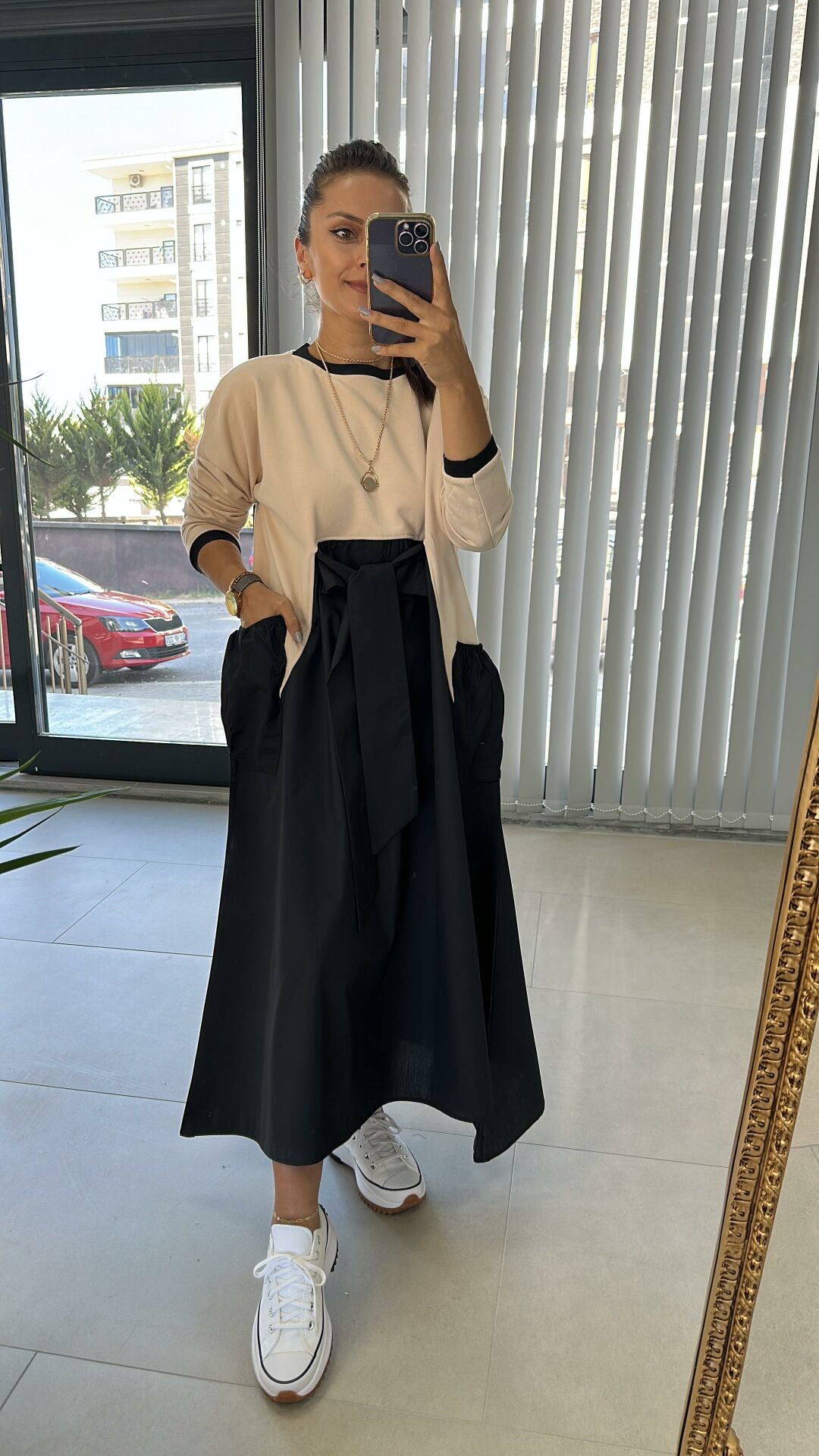 Dr Tasarım Siyah Bej Poplin Elbise