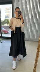 Dr Tasarım Siyah Bej Poplin Elbise