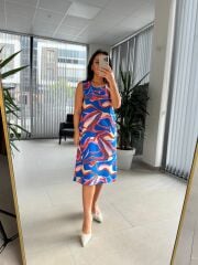 Bb 27164 Saks-Pembe Geçişli Floş Keten Elbise