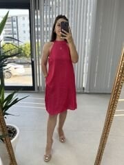Halter yaka fuşya saten elbise