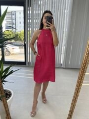 Halter yaka fuşya saten elbise