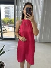 Halter yaka fuşya saten elbise