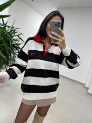 Mz 22843 Kalp Nakışlı Polo Yaka Kahve Triko