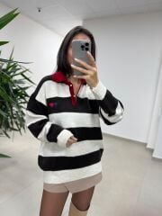 Mz 22843 Kalp Nakışlı Polo Yaka Kahve Triko