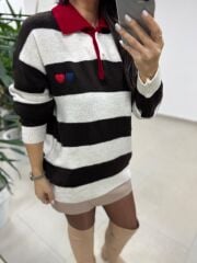 Mz 22843 Kalp Nakışlı Polo Yaka Kahve Triko