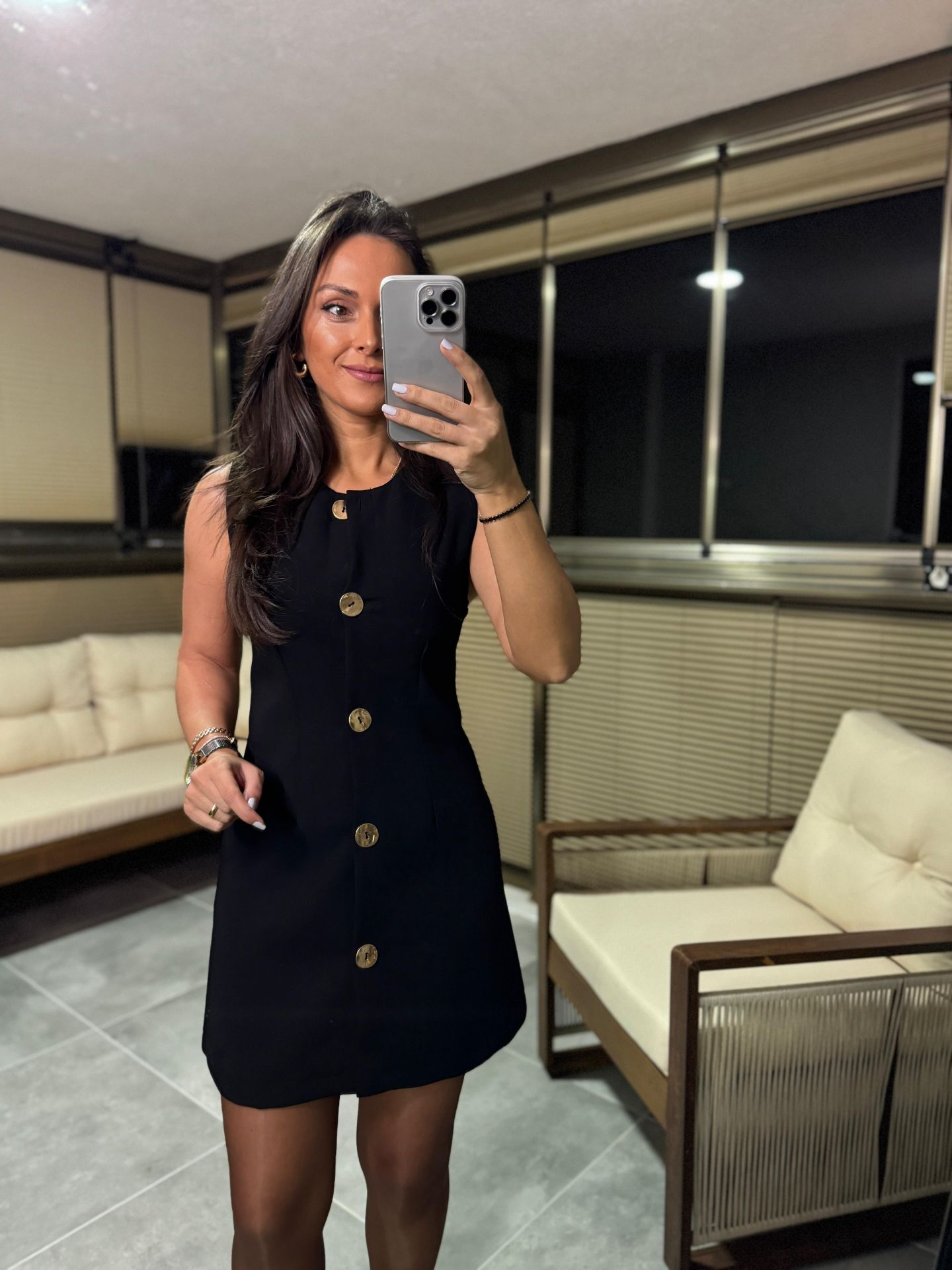 Fw 8183 Gold Düğmeli Kolsuz Siyah Elbise