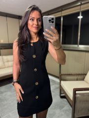 Fw 8183 Gold Düğmeli Kolsuz Siyah Elbise