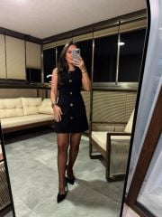 Fw 8183 Gold Düğmeli Kolsuz Siyah Elbise