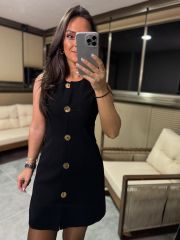 Fw 8183 Gold Düğmeli Kolsuz Siyah Elbise