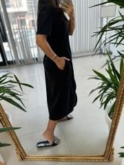 Ms Fermuar Detaylı Pamuk Keten Siyah Elbise