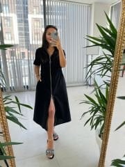 Ms Zipper Detailed Cotton Linen Black Dress