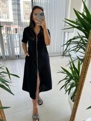 Ms Zipper Detailed Cotton Linen Black Dress