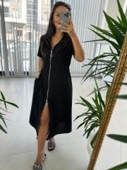 Ms Zipper Detailed Cotton Linen Black Dress