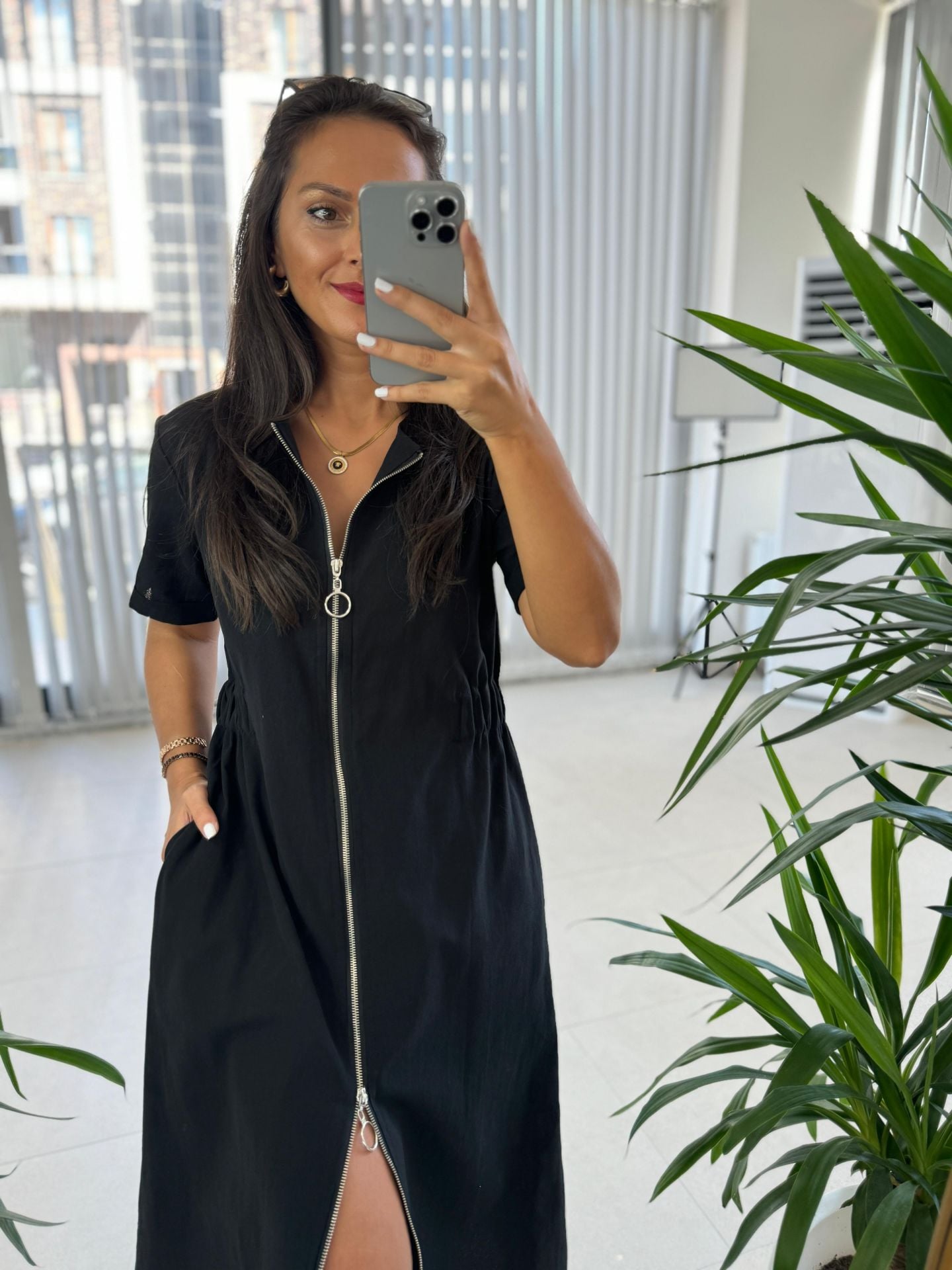 Ms Fermuar Detaylı Pamuk Keten Siyah Elbise