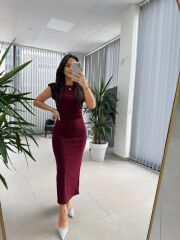 My 3708 Bordo Taşlı Kalem Elbise