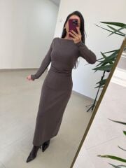 Qs 1004 Kahve Bel Drapeli Kayık Yaka Kalem Elbise