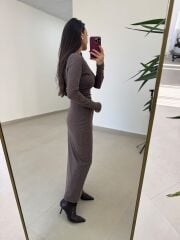 Qs 1004 Kahve Bel Drapeli Kayık Yaka Kalem Elbise