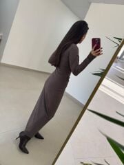 Qs 1004 Kahve Bel Drapeli Kayık Yaka Kalem Elbise