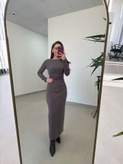 Qs 1004 Kahve Bel Drapeli Kayık Yaka Kalem Elbise