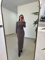Qs 1004 Kahve Bel Drapeli Kayık Yaka Kalem Elbise