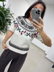 Mz 22858 Kahve Zikzaklı Kısa Kollu Kazak