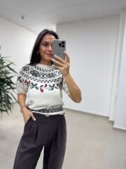 Mz 22858 Kahve Zikzaklı Kısa Kollu Kazak