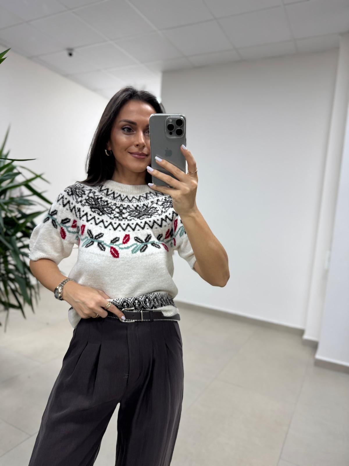 Mz 22858 Kahve Zikzaklı Kısa Kollu Kazak