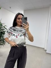 Mz 22858 Kahve Zikzaklı Kısa Kollu Kazak