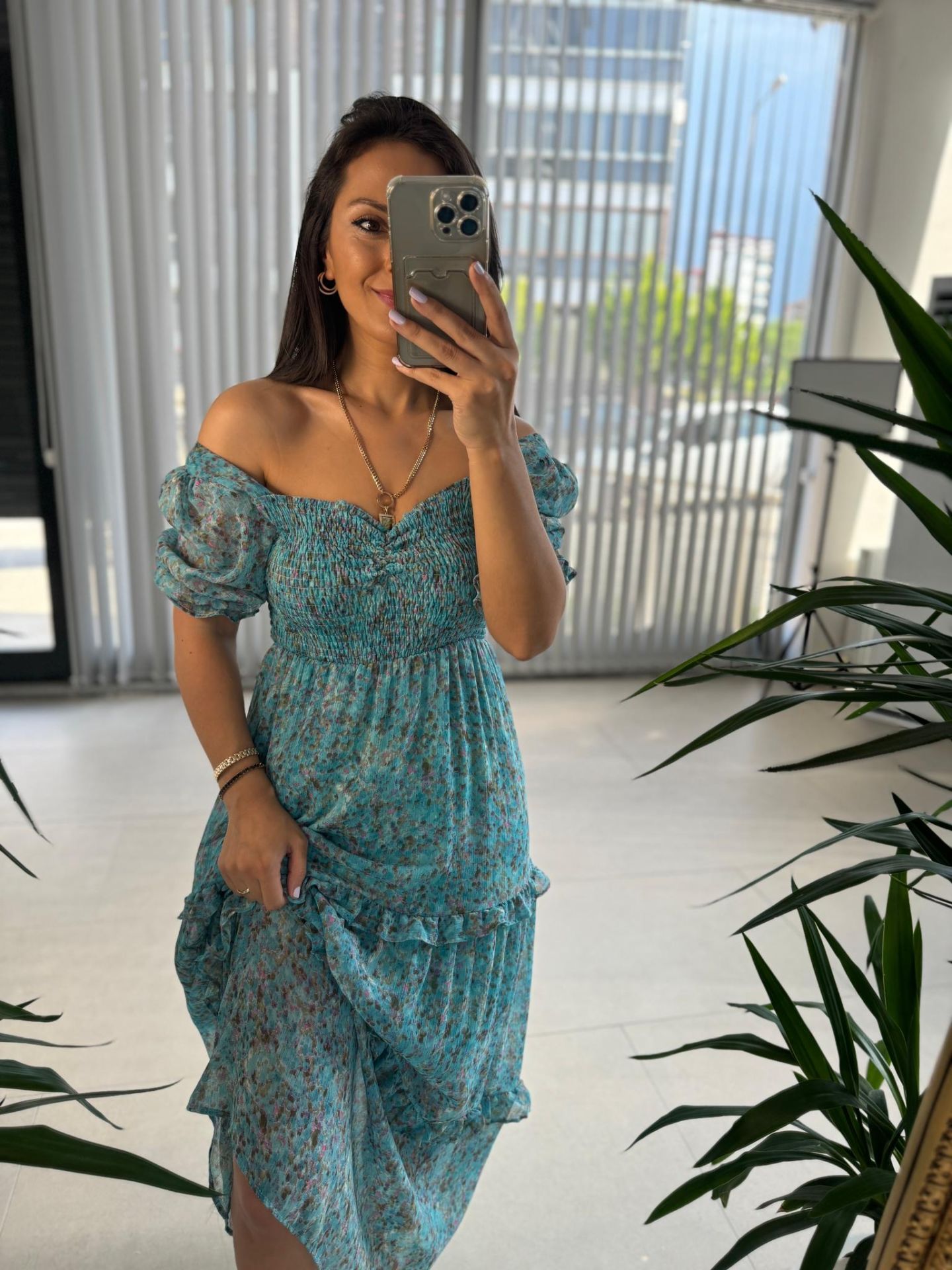 My 3230 Su Yeşili Gipeli Kalp Yaka Şifon Elbise