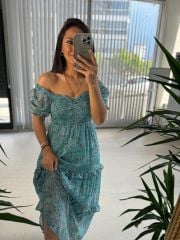 My 3230 Su Yeşili Gipeli Kalp Yaka Şifon Elbise