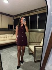 Fw 8183 Gold Buttoned Sleeveless Burgundy Dress