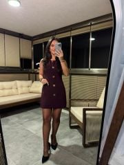 Fw 8183 Gold Buttoned Sleeveless Burgundy Dress