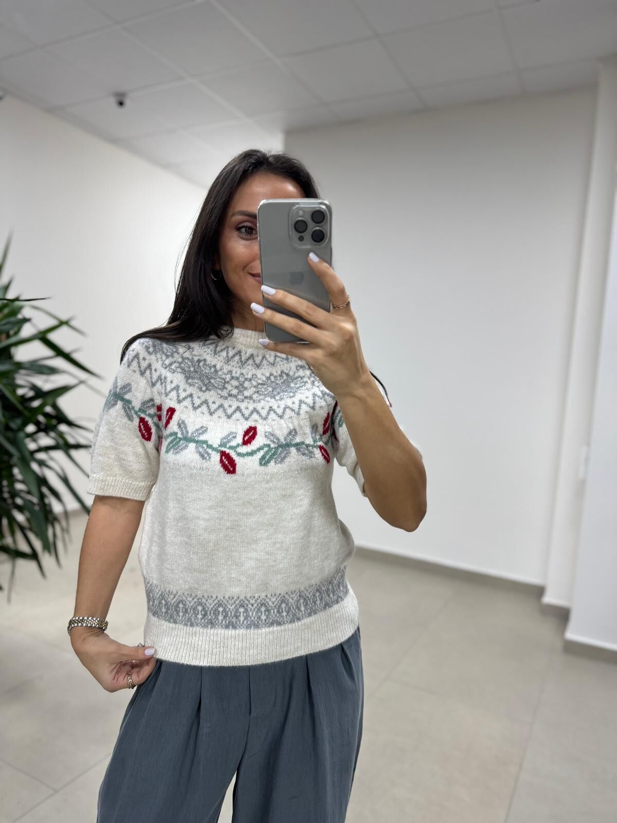 Mz 22858 Gri Zikzaklı Kısa Kollu Kazak