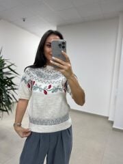 Mz 22858 Gri Zikzaklı Kısa Kollu Kazak