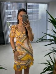 Mc 5830 Mustard Ethnic Pattern Chiffon Dress