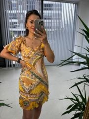 Mc 5830 Mustard Ethnic Pattern Chiffon Dress