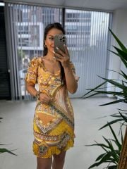 Mc 5830 Mustard Ethnic Pattern Chiffon Dress