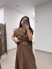Fz 31573 Kahve Şönil Kadife Kuşaklı Yelek & Maxi Etek Takım