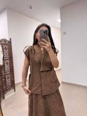 Fz 31573 Kahve Şönil Kadife Kuşaklı Yelek & Maxi Etek Takım