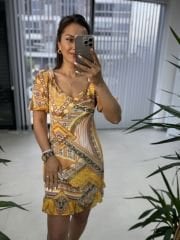 Mc 5830 Mustard Ethnic Pattern Chiffon Dress