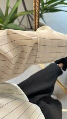 Krem Çizgili Gömlek Detaylı Midi Elbise
